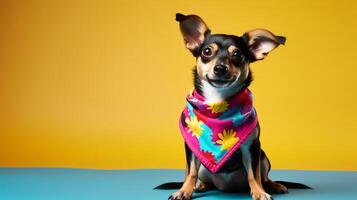 A joyful image of a small dog wearing a colorful bandana, posed with a simple backdrop, ideal for copy space usage in pet accessory advertisements or blogs. photo