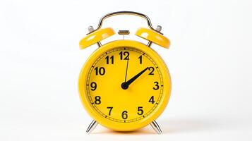 Vintage alarm clock, bright yellow, isolated against a stark white backdrop, highlighting bold colors and retro design. photo