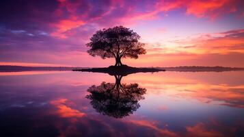 A large tree stands alone in a field. The sky is a vibrant mix of oranges, pinks, and purples. The tree is reflected in the still water below. The scene is peaceful and serene. photo