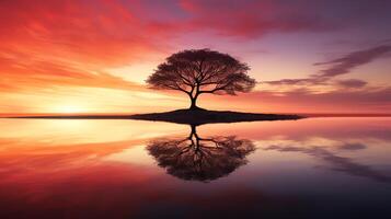 A single tree in the middle of a lake at sunset with a beautiful sky and clouds reflecting in the water photo