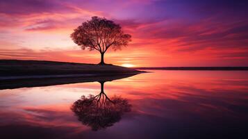 A single tree stands on the edge of a lake at sunset. photo