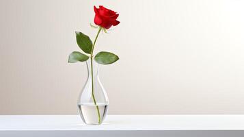 Elegant glass vase with a single red rose, isolated on pure white, soft shadows underlining simplicity. photo