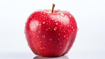 Single apple with water droplets, isolated on a white background, detailed texture visible, soft light. photo
