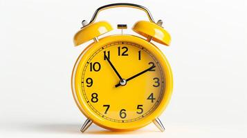 Vintage alarm clock, bright yellow, isolated against a stark white backdrop, highlighting bold colors and retro design. photo
