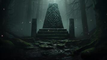 A dark and mysterious forest with a glowing stone monument in the center. The monument is covered in strange symbols and runes. photo