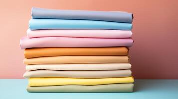 A vibrant stack of colorful cotton fabrics neatly arranged, with ample copy space on the side, ideal for textile industry promotions or craft project ideas. photo