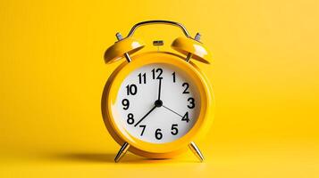 A yellow alarm clock is sitting on a yellow background. photo