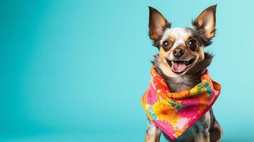 A joyful image of a small dog wearing a colorful bandana, posed with a simple backdrop, ideal for copy space usage in pet accessory advertisements or blogs. photo