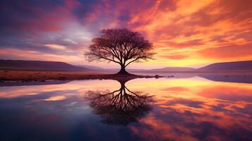 A beautiful sunset over a lake with a tree in the foreground. photo