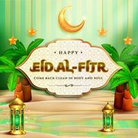 Happy Eid al fitr 3D realistic with Mosque, Crescent moon, Lantern and Podium. Suitable for Greeting card, Web Banner, Stage for Product promotion. vector