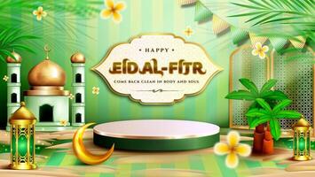 Happy Eid al fitr 3D realistic with Mosque, Crescent moon, Lantern and Podium. Suitable for Greeting card, Web Banner, Stage for Product promotion. vector