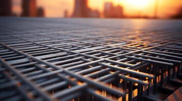 Generate an artistic rendering of a close-up of a metal grate with the sun rising in the background. photo