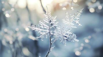 Generate a photo of a snowflake up close with a blurred background.