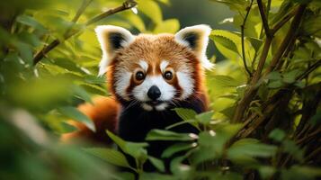 A red panda is sitting in a tree, looking out at the world with its big, curious eyes photo
