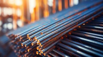 A stack of rusty rebar at a construction site with an orange blurred background. photo