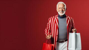 A distinguished older gentleman is carrying several shopping bags. He is dressed in a striped blazer and white turtleneck sweater. He has a warm smile on his face. photo