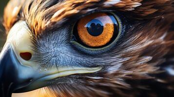Enhance the details of an Eagle's eye, showing the amazing colors and textures of the feathers and iris. photo