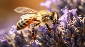 A bee pollinating a lavender flower. The bee is covered in pollen and the lavender is in focus. The background is out of focus and is a warm, sunny color. photo