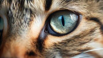 Enhance the details of a close-up photograph of a cat's eye, showing theMo Yang of the iris and the reflection of the camera. photo