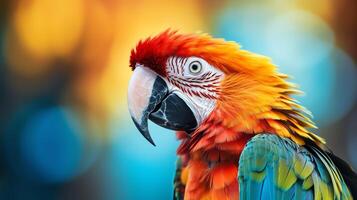 A closeup of a parrot with vibrant feathers. The parrot is looking to the left of the frame. The background is a colorful blur of orange, yellow, blue, and green. photo