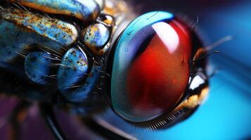 An extreme close up of the compound eye of a dragonfly, showing the intricate details of the facets and the colors they produce. photo