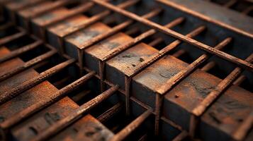 Generate a close up, high quality, photo-realistic image of a rusty metal grate with a shallow depth of field. photo