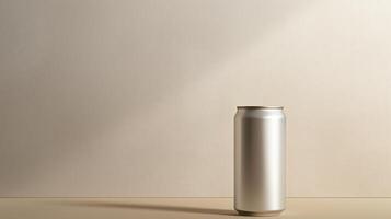 A sleek silver can with a metallic finish, sitting on a beige surface against a beige background. The can is plain with no label. photo