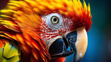 A closeup of a parrot's face. The parrot has bright red, yellow, and blue feathers. Its beak is black and its eyes are yellow. The background is a gradient of blue and green. photo