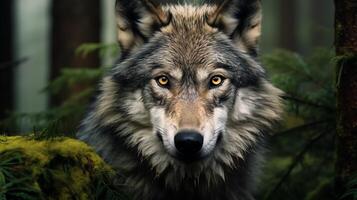 A stunning close-up portrait of a majestic grey wolf in the heart of the forest photo