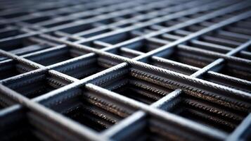 Macro photography of a stack of metal reinforcement bars used in concrete construction. photo