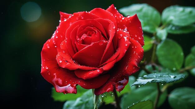 A beautiful red rose is in full bloom. The petals wet from the morning dew. The rose is surrounded by green leaves. The background is blurred. photo