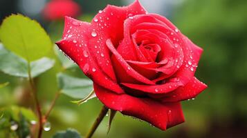 A beautiful red rose with water drops on its petals. The rose is in focus, with a blurred background. photo