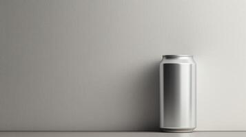 A sleek silver can stands on a white table against a plain white background. The can is in the center of the frame. photo