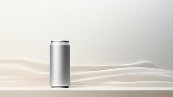 Create a photorealistic image of a single silver aluminum can on a solid white table with a soft, off-white background photo