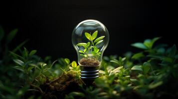 A light bulb with a plant growing inside it. The light bulb is glowing, and the plant is green and healthy. The image is set against a dark background. photo
