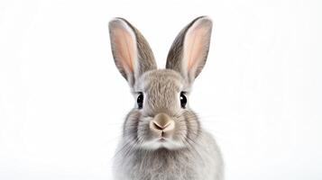 Charming image of a small grey rabbit with lop ears, looking curiously at the camera, its delicate features highlighted against a stark white background, ideal for pet care adverti photo