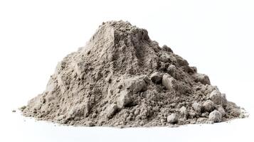Close-up photo of a rough mound of cement mix, showcasing its grainy texture and shades of gray, perfectly isolated on a white background for educational or commercial use.