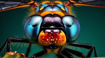 A close up photograph of a dragonfly's head. The dragonfly's eyes are a deep blue color and its body is a bright yellow and green color. The dragonfly is perched on a green leaf. photo