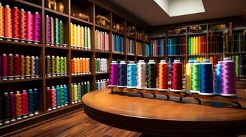 Brightly lit sewing studio with a display of spools of thread in every color of the rainbow, arranged neatly on shelves, showcasing the vibrancy of fashion design. photo