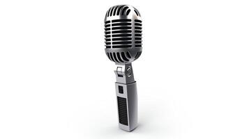 High-definition 3D render of a classic dynamic microphone, featuring a sleek metallic finish and professional design, isolated on a white background for audio equipment marketing. photo
