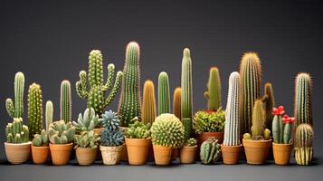 Creative representation of a columnar cactus group, featuring several types standing together in varying heights, isolated on a white background to demonstrate diversity within des photo