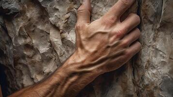 Close-up of a climber's hands gripping a rocky surface, detailed texture of the rock and skin, emphasizing strength and the physical challenge of climbing. photo