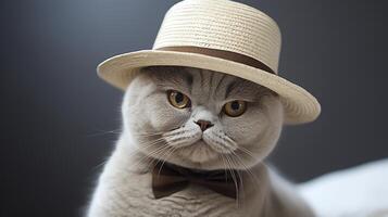 Endearing photo of a British Shorthair cat wearing a tiny bow tie, its round face and calm demeanor showcased against a pure white background, exuding charm and elegance.