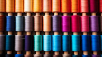 Close-up of a colorful array of thread spools, lined up to create a seamless gradient of hues, symbolizing the endless possibilities in garment creation. photo