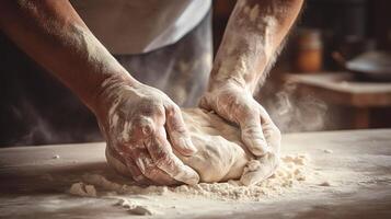 Close-up of hands kneading dough in a rustic bakery, flour dusting the air, capturing the essence of traditional food preparation. photo