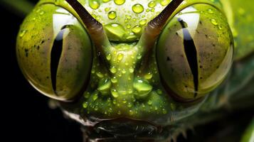 A beautiful macro close up of a praying mantis's eyes. The water droplets on its head and eyes give it a unique and mesmerizing appearance. photo