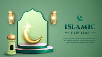 Happy Eid al fitr 3D realistic with Mosque, Crescent moon, Lantern and Podium Horizontal. Suitable for Greeting card, Web Banner, Stage for Product promotion. vector