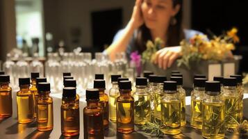 Individual attending a workshop on the benefits of essential oils, examining different bottles and learning blending techniques. photo