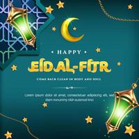 Happy Eid al fitr 3D realistic green luxury with Lantern, Geometric Pattern ornament, Suitable for Greeting card, Web Banner Premium vector