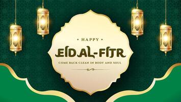Happy Eid al fitr 3D realistic green luxury with Lantern, Geometric Pattern ornament, Suitable for Greeting card, Web Banner Premium vector